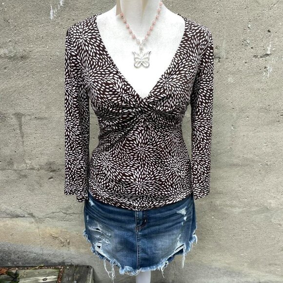 Brown and White Printed Knot-Front Top - Picture 2 of 5